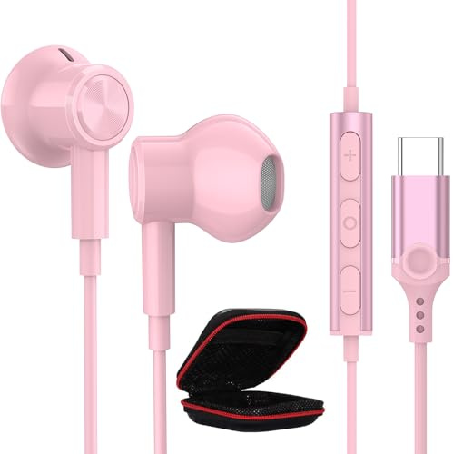 Écouteurs USB C HiFi Stéréo Magnétique pour Honor 600 400 200/Magic8 Lite | Type C Ecouteur Filaire Casque avec Micro pour iPhone 17 16 15 pour Samsung A17 A16 A57 A56 S26 S25 pour Pixel 10a 9a 11 Rose