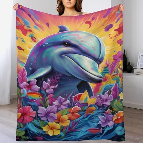 AAPZY Flannel Fleece Decke Mit 3D-Delfin Muster, Leichte, Superweiche, Gemütliche Plüsch-Bettdecke/Sofadecke Vier Jahreszeiten Wohndecke （130×180cm）