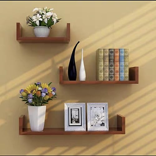 Juego de 3 estantes de madera de nogal negro, estantes flotantes rústicos en forma de U para dormitorio, cocina, sala de estar, estante de almacenamiento montado en la pared