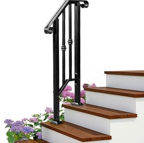 Outopee Outdoor Handrail for 1 Step, Pagoda Pattern, Black | Galvanized Iron Handrail, Stair Railing, Stair Rails, For Garden, House Entrance, Backyard & Balcony