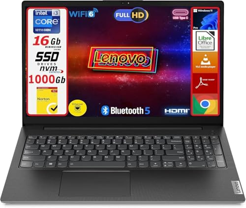 Lenovo Notebook V15 G4, Cpu Intel i3 di 13Th Gen, Display Laptop 15.6 Full HD, 16GB RAM DDR4 3200MHz, 1000GB (1TB) SSD NVMe, Windows 11 Pro, Norton AntiVirus Plus (1 Anno) - Portatile Pronto all'Uso