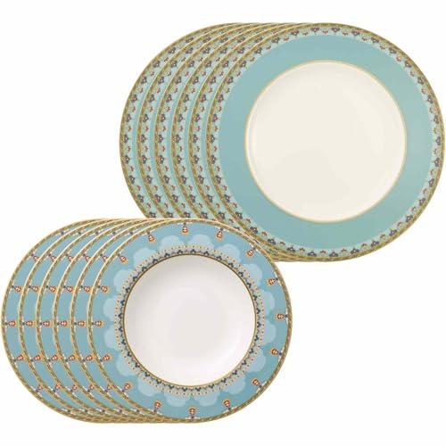 Villeroy & Boch Samarkand Aquamarin Tafelservice 12-teilig, Speiseteller (28 cm) und Suppenteller (25 cm) für 6 Personen, Orientalisches Dekor, Premium Bone Porcelain, Mehrfarbig/Blau