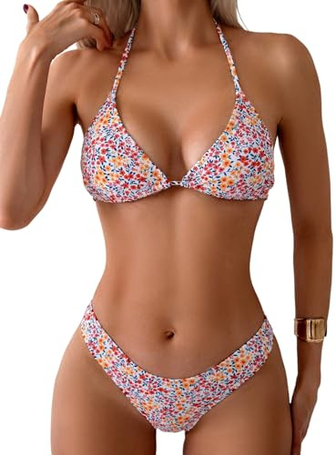 GORGLITTER Damen Bikini-Set Neckholder Blümchen Muster Triangle Bikinis Zweiteilige Badeanzug High Waist Tangas Bademode Strand Swimsuits Rot S