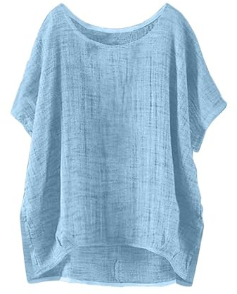 Sommer locker Oversized Leinenbluse Kurzarm Vintage Leichte Bluse Basic Rundhals Damen T-Shirt Lässiges Bequemes Modisch Licht Hemdbluse Lässiges Atmungsaktive Elegante Blusenshirt