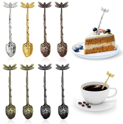 DIYJEP 8Pcs Retro Coffee Spoons, Creative Dragonfly Teaspoons, Stainless Steel Dessert Spoons Tableware, Long Handle Ice Cream Spoons Tea Spoon for Latte Espresso Yogurt Demitasse Honey Hot Drinks