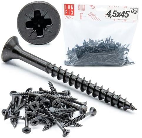 LUN FIX Holzschrauben schwarz 4,5x45 mm 1 kg PZ2 Teilgewinde Senkkopf | gehärteter Stahl verzinkt ideal für Holz Möbelbau Spanplatten und Gipskarton für Möbelmontage und DIY