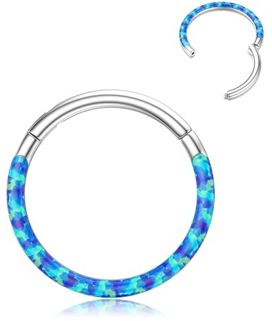 BodyBonita Frente Azul Ópalo Piercing Nariz - 16G Acero Quirúrgico 316L Aros Nasales Con Bisagra para Mujer Piercing para Tabique Nasal Caracola Hélix Daith 10mm Plata