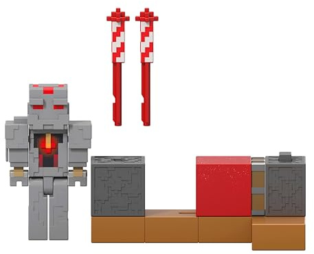 Mattel Minecraft - Lanciatore di fuochi d'artificio di Protector, set Serie Pietra rossa ispirato al videogioco con personaggio, 2 accessori e funzionalità di lancio, 6+ anni, JKK10