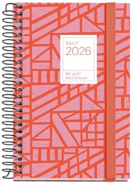 Miquelrius - Agenda 2026 día por página, Pequeña y portátil (80 x 120 mm), Planificación diaria, Cubierta rígida cartón, Espiral, Cierre goma elástica, Papel 80 g/m², Español-EN-PT, Baden