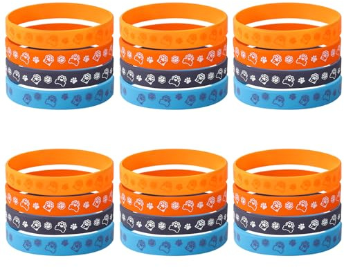 SAVITA 24pz Braccialetti Silicone con Stampa Zampa Cane Blu Dei Cartoni Animati, 4 Stili Braccialetti Elastici con Stampa Zampa Blu e Arancione Bomboniere e Decorazioni Feste Tema Compleanno Bambini