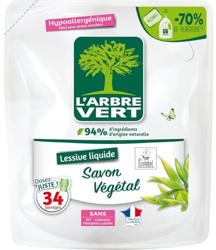 L'ARBRE VERT – Lessive Liquide Hypoallergénique au Savon Végétal, Douceur & Respect Textile (Recharge 1,53L) - Le Lot De 3