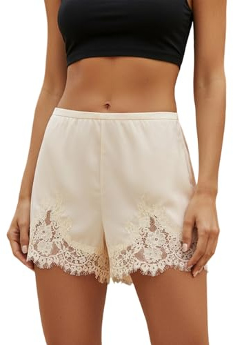 Women Satin Silk Shorts Lace Trim Mini Micro Shorts Silky Low Rise Coquette Lounge Slip Pj Bottoms French Knickers(Slip Beige,Small)