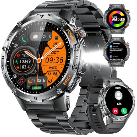 HIRREO Montre Connectée Homme pour Android iOS avec Appel Bluetooth 1,43 AMOLED Rond Smartwatch Homme Noir Acier Lampe de Poche LED,530 mAh Batterie,Santé Moniteur,100+ Sport,Podomètre