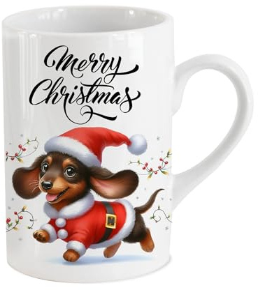 Tasse personalisierbar Weihnachten mit Santa Dackel aus Porzellan mit Name Teetasse Motivtasse als Geschenkidee. In Deutschland bedruckt. 0,3L x H10cm