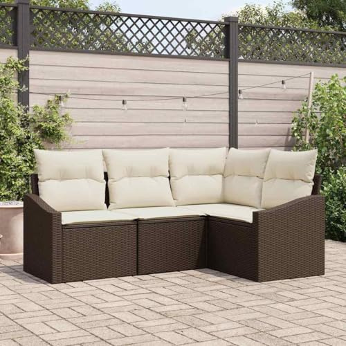 Bucmath Garten Loungeset 4-teilig, Braun Poly-Rattan, Modular, mit Kissen, Höhenverstellbarer Tisch, UV-beständig, Wetterfest für Terrasse & Balkon