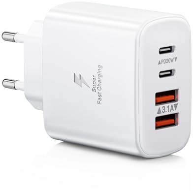 USB C Ladegerät, 40W 4 Ports Schnellladegerät USB Stecker Mehrfach Ladegerät mit PD+QC 3.0, Typ Power Adapter Netzteil für iPhone 17 16 15 14 13 12 11 Pro Max Plus, iPad, Samsung Handys Fast Charger