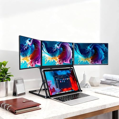 LSHFYV 15.6 Triple Laptop Screen Extender, 1080P FHD Portable Triple Screen Laptop Monitor Extender, Type-C/HDMI/USB-C with 360° Rotation Adjustable Viewing Angles Compatible with Windows and Mac