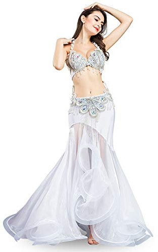 ROYAL SMEELA Bauchtanz BH Gürtel Rock Kostüm Set Luxuriös Pailletten Bohren Design Sexy Bauchtanz Performance Meerjungfrau Kostüm BH und Gürtel Röcke Anzug für Damen Frauen