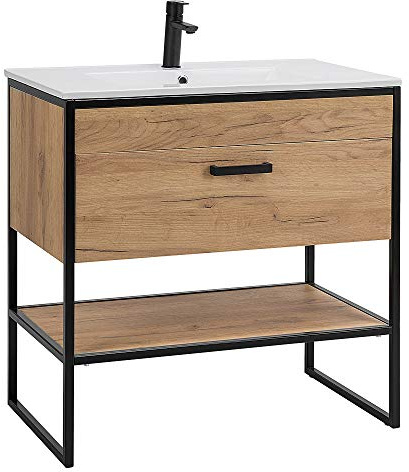 Lomadox Waschtischunterschrank mit 80cm Keramik-Becken im Industrial-Style in Gold Craft Oak Eiche/schwarz
