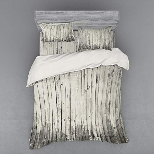 Ambesonne Rustic Duvet Cover Set, Old Fashioned Garden Fence Planks Retro Grunge Toned Murky Woods Picture, 4 Piece Bedding Set with Shams and Fitted Sheet, Queen Size, Pale Grey Pearl Dust