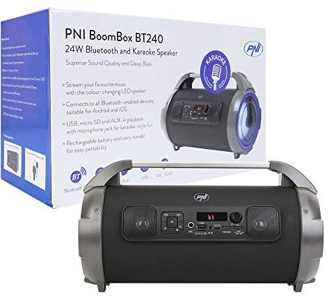 Altavoz estéreo portátil PNI Boombox BT240, 24 W, con Bluetooth, USB, Ranura para Tarjeta Micro SD, Radio FM
