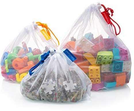 Vandoona Toy Storage & Organization Mesh Bags Set of 9 See-Through Washable Mesh Bags & Color Coded Drawstrings by Size S, M, L. Playroom Organization, Baby Toys (2 Small, 5 Medium, 2 Large)