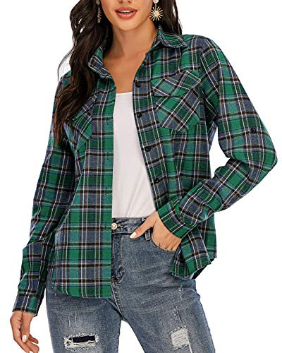 Enjoyoself Camisa Cuadros Mujer Franela 100% Algodón Camisa Leñador Blusas Basiccon Botones Camisetas Cuello en V Manga Larga Casual Oficina Básico Vintage Western