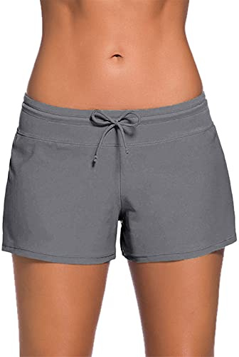 Kfnire Badeshorts Damen Eingebautes Futter Bikini mit Shorts Schnell Trocknend UV-Schutz Kurze Sporthose Badehose (Grau,L)