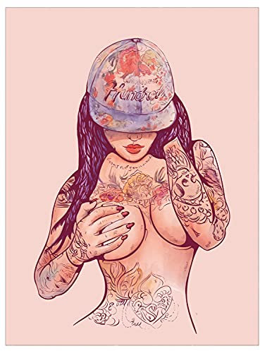 wandmotiv24 Deko Wandbild aus Acrylglas, Größe 100x75cm, Hochformat, Tätowierte Frau, Tattoo-Model, Gemälde, Cap, Tattoos, Dekoration Wohnung modern, Deko, Acryl, Wanddeko Schlafzimmer M0063
