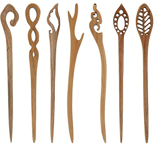 Confezione da 7 bastoncini di legno vintage retrò fatti a mano antico cinese giapponese marrone in legno, bacchette per capelli in legno lungo corno forchetta per chignon