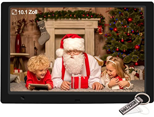 Digitaler Bilderrahmen 10,1 Zoll Fotorahmen mit 32GB USB Stick, Bewegungssensor, 1920x1080 IPS Bildschirm, Kalendar, Zeitschaltuhr, Foto/Video/Musik-Player Elektronischer Bilderrahmen Wandmontierbar