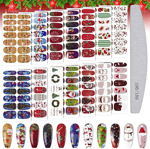 EBANKU Weihnachten Nagel Aufkleber, 14 Blätter Weihnachten Nagelfolie Selbstklebend Nagelsticker mit Nagelfeile für DIY Nageldekoration (C)