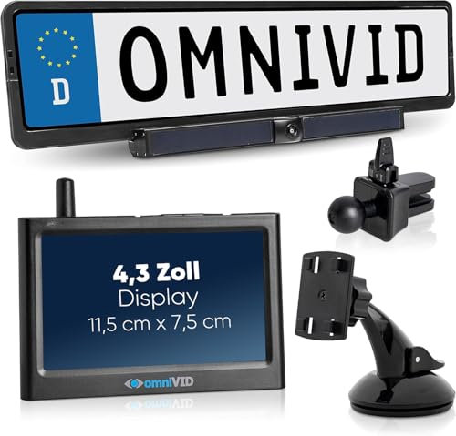 omniVID® Solar4 Premium Solar Rückfahrkamera-System, Kabellos mit 4,3 Zoll Monitor u. solarbetriebender Kamera zum Nachrüsten, Montage ohne Bohren, IP67 wasserdicht, Funk Einparkhilfe hinten o. vorne