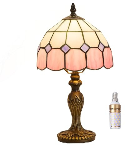 Kinbolas Tischlampe Im Tiffany-stil, Art-deco-beleuchtung Handgefertigte Buntglaslampenschatten Kleiner Nacht Nachtte Schlafzimmerlampe, Wohnzimmer, Mediterraner Tischdekoration Licht Mit (Color:pink)