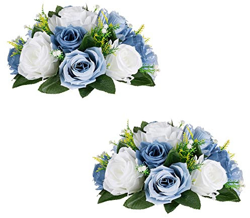 Artificial Flowers for Wedding Table Decoration: 2 Pcs Blue&White Fake Flower Ball Arrangement Roses Faux Flowers Decorative Artificial Flower Bouquets Wedding Flowers Centrepiece for Party Home Decor