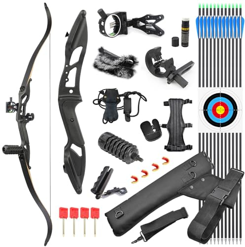 SHARROW Archery Takedown Recurve Bow and Arrows Set 56 Adults Hunting Bow Longbow Kit 30-50lbs Aluminum Riser with All Accessories for Outdoor Shooting (50lbs, Black)