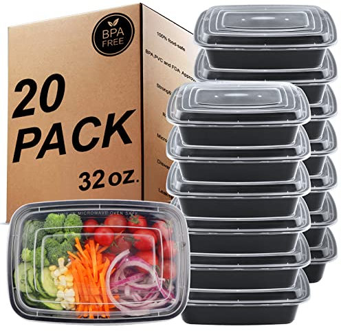 KINGHON 1 Compartimentos Meal Prep Containers -Almacenamiento de alimentos reutilizable sin BPA con tapas herméticas,Congelador, microondas y lavavajillas,Fiambreras Bento[20 piezas,32 oz]