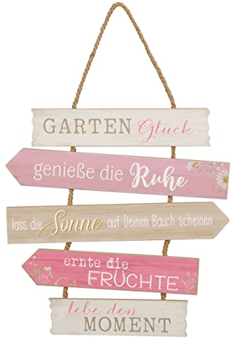 Schild Gartenglück zum Hängen Holz Tafel Wand-Deko H=36 cm + 15 cm Hänger rosa weiß