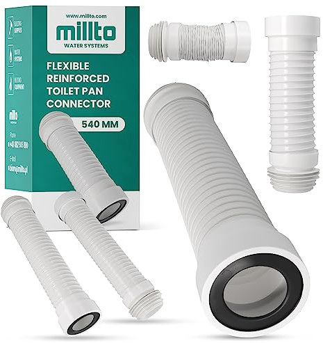 Millto™ Raccordo di collegamento per WC in PVC, flessibile, 110 x 540 mm, scarico bianco, raccordo per padella, tubo rinforzato, rifiuti igienici, adatto per tutte le configurazioni