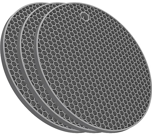 Ultra Thick 8mm Silicone Trivets for Hot Dishes Pots and Pans, Silicone Trivet Mat Hot Plates to Protect Table, Silicone Hot Pads for Kitchen Counter, Pot Holders, Grey Trivet Set of 3