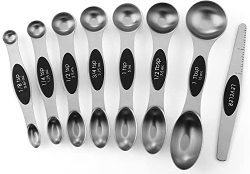Ezweiji Lot de 9 cuillères à mesurer magnétiques en acier inoxydable - Double tête - Avec verre doseur gradué - Poignée avec épaisseur améliorée - Noir