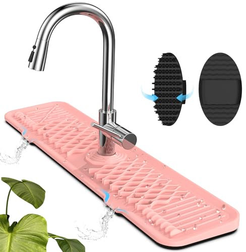 AhhaLife Silicone Splash Guard for Kitchen Sink with Clean Brush, Long and Thick Faucet Splash Guard, Large Silicone Faucet Handle, Drip Catcher Tray for Kitchen and Bathroom, Peach Pink
