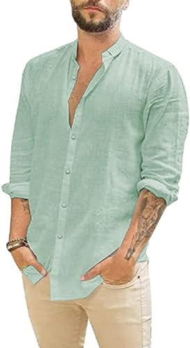 Glacspyg Camicia Casual Aderente per Affari.Camicia in Lino a Maniche Lunghe da Uomo, Verde Chiaro M