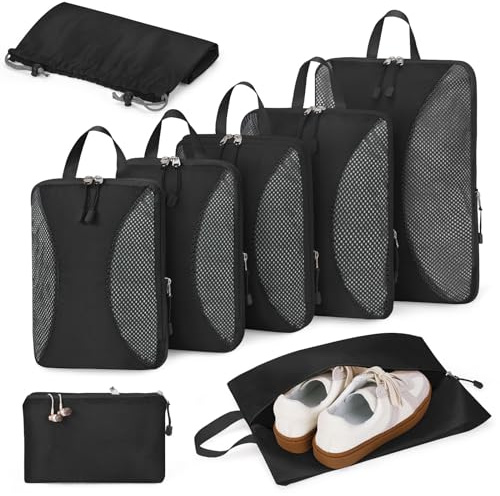 Kompressionsförpackningskuber 8 set, organiseringsväskor för resväska, resväskor, bagageorganisering packpåsar, flygkryssning semester nödvändigheter, svart