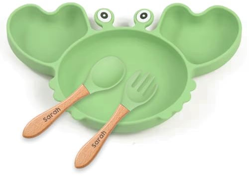 Amikado Assiette Crabe et couverts personnalisés avec un prénom pour bébés (Vert)