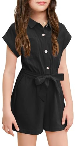 Haloumoning Cute Jumpsuit for Girls Summer Children's Jumpsuit Button Down with Belt Kids Short Romper with Pockets, black, 12-14 Years
