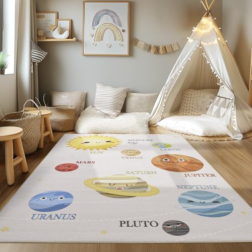 HomebyHome Kinderteppich Mehrfarbig 160x230 cm Planeten Muster Modern rutschfest Waschbar Pflegeleicht Extra Weich Antiallergen Babyteppich Kinderzimmer Jungen Mädchen