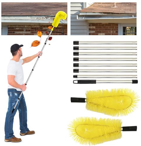Gutter Cleaning Tools, Roof Gutter Cleaner with 8Pcs Telescopic Extendable Pole 10.1ft, Detachable Gutter Cleaning Brush for Cleaning Leaves/Debris/Window/Gutter/Hanging Light (Yellow)