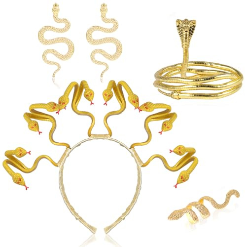 4 Stück Medusa Kostüm Damen Medusa Kopfschmuck Schlangen Haarreif Medusa Schmuck Gold Schlangen Ohrringe Halskette Ring Halloween Kostüm Schlangen Accessoires für Karneval Maskerade Party Cosplay