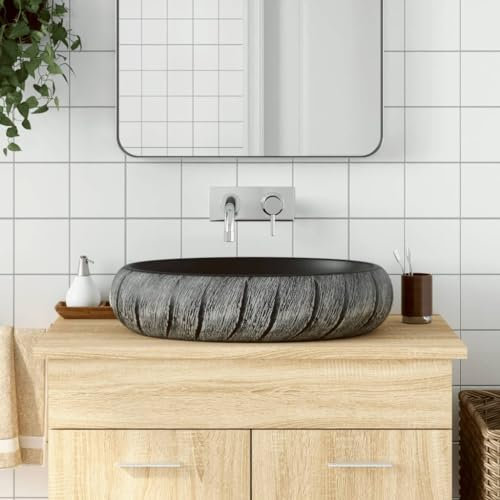 ZEYUAN Aufsatzwaschbecken Schwarz und Grau Oval 59x40x15 cm Keramik, Waschbecken, Waschtisch, Handwaschbecken - 155080